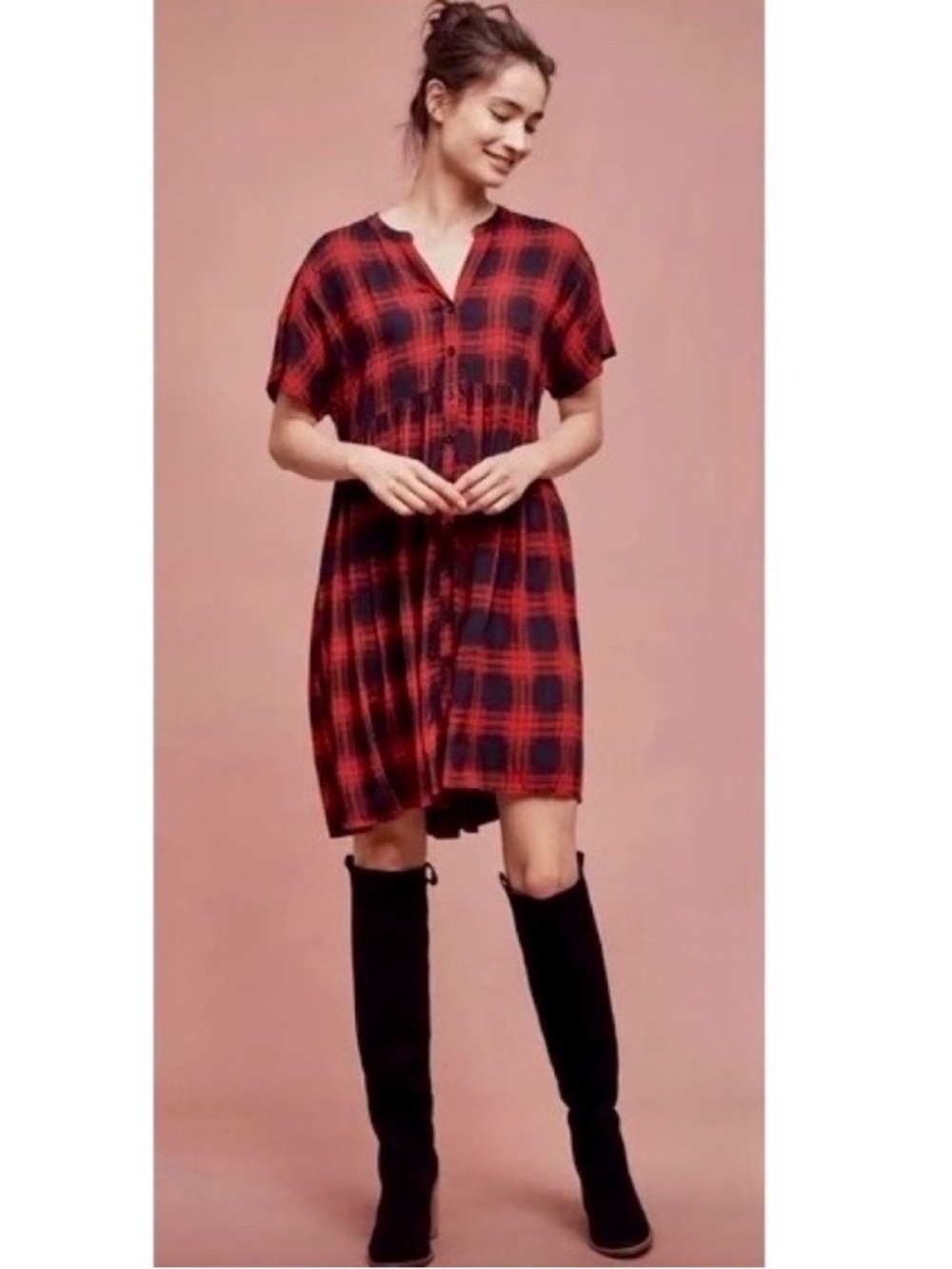 Anthropologie 11.1 Tylho Mona Plaid Button-Front Relaxed Fit Babydoll Dress XS